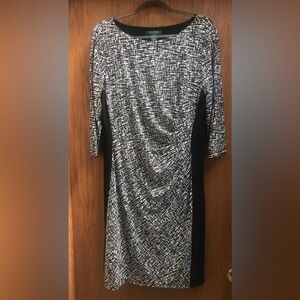 Lauren Ralph Lauren Midi Length Black & White Dress with Ruched Front